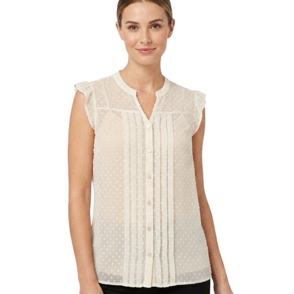 Matilda Jane Swiss Dot Blouse Women L Cream Sleeveless Pintuck Button Front Top